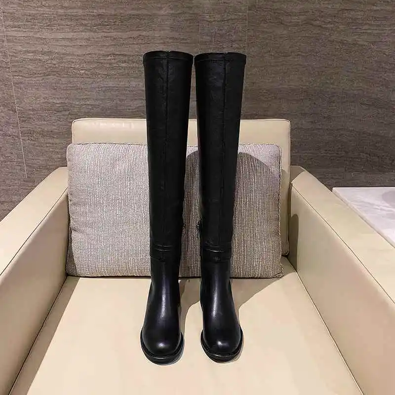 

krazing pot round toe genuine leather zipper decoration punk movie star keep warm superstar low heels over-the-knee boots l13