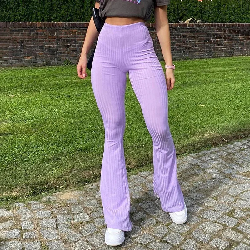 New Women Stretch Flare Pants Solid Color High Waist Skinny Casual Pants Purple Knitted Long Trousers Streetwear Comfortable