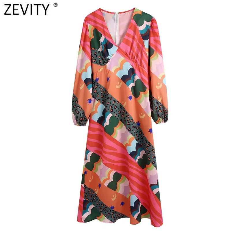

ZEVITY Women Vintage Irregular Pattern Patchwork Print Casual Slim A Line Midi Dress Female Retro Chic Side Split Vestido DS8973