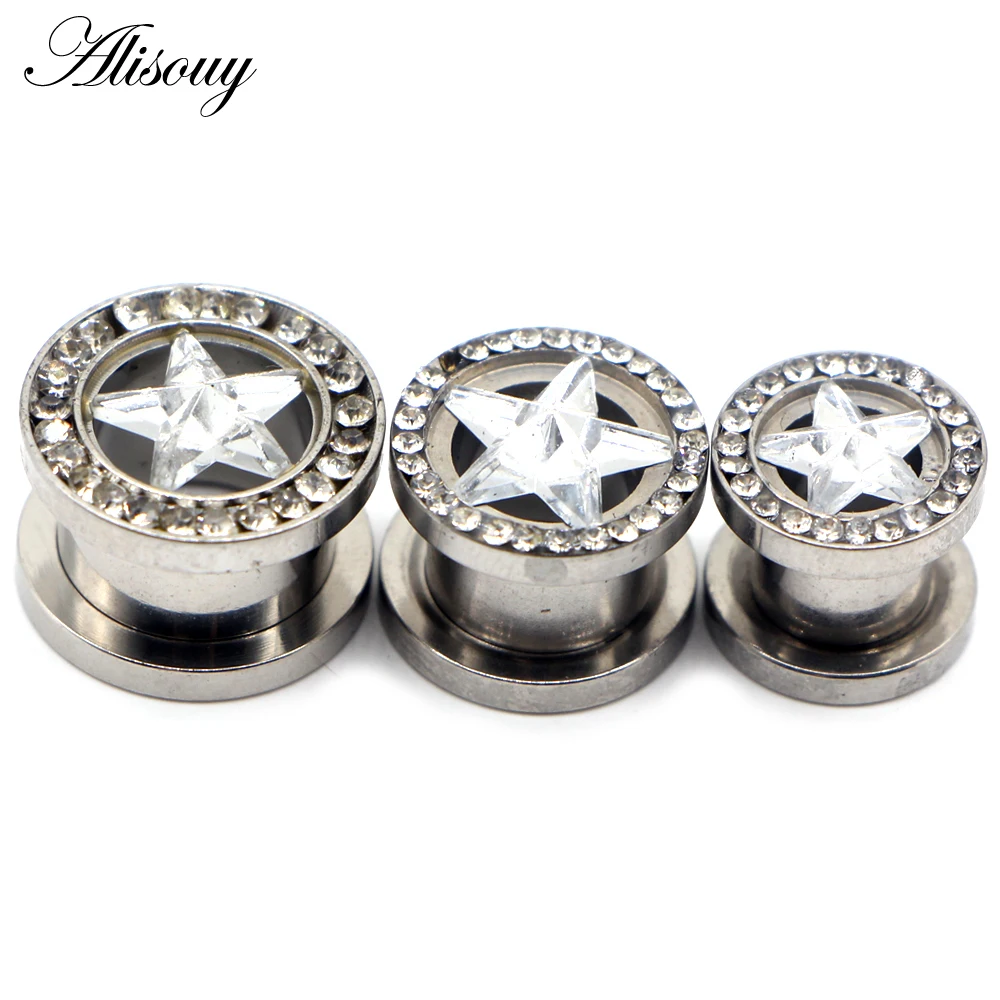 Alisouy 2pcs Pentagram Stainless Steel Double Flared CZ Star Ear Tunnel Flesh Plugs Orelha Gauges Earrings Body Piercing Jewelry images - 6