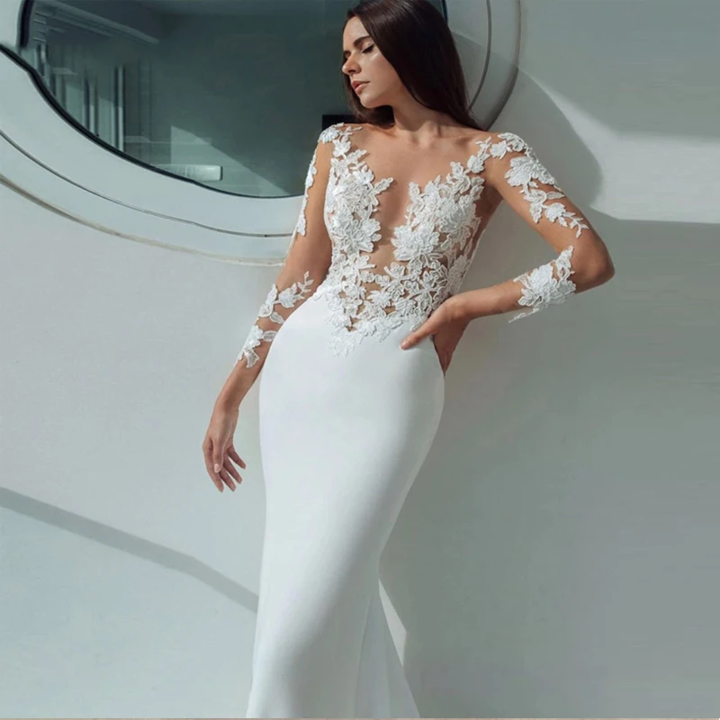 

Long Sleeves Mermaid Wedding Dresses White Sexy Illusion Neck Lace Appliques Elegant Bridal Dress Gowns Beach Vestidos De Noiva