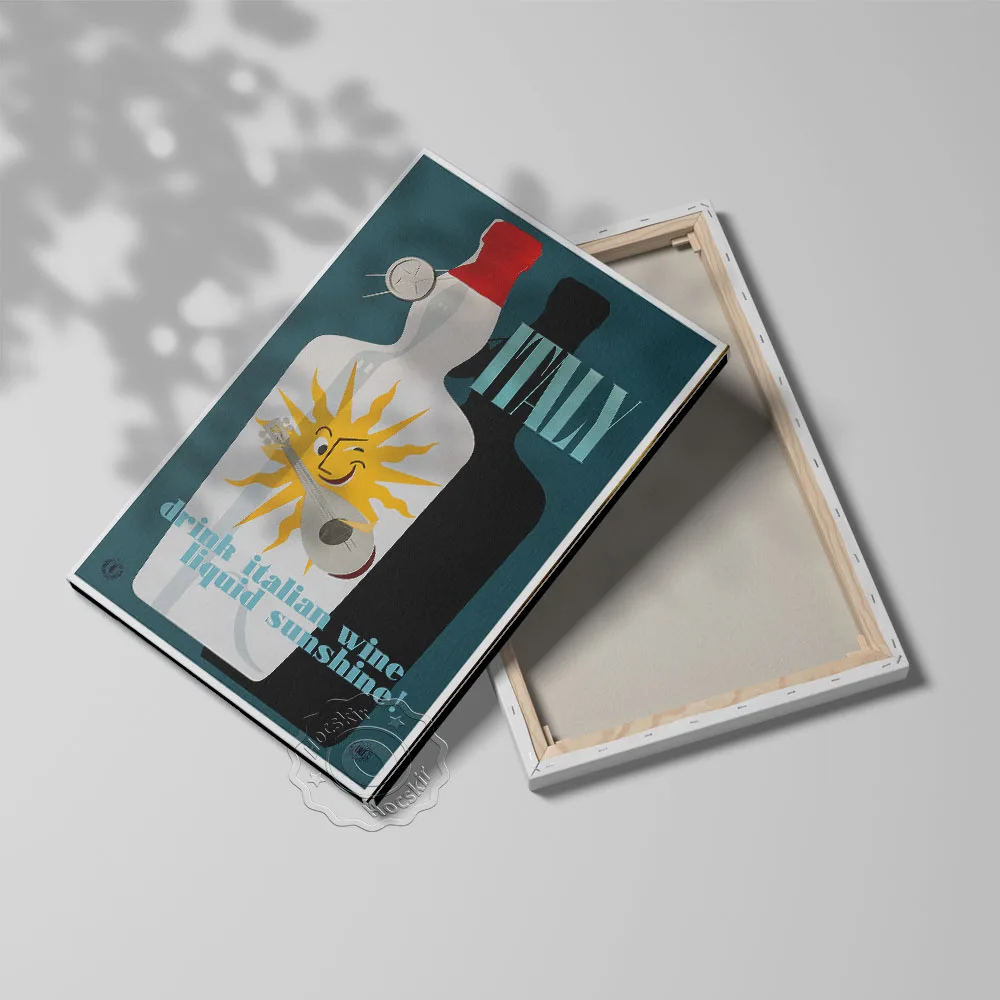 Постер рекламы вин Италии "Жидкое солнце" на холсте в стиле винтаж.