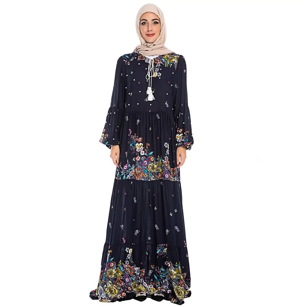 Женское мусульманское платье-кафтан абайя с цветным принтом и жемчужным