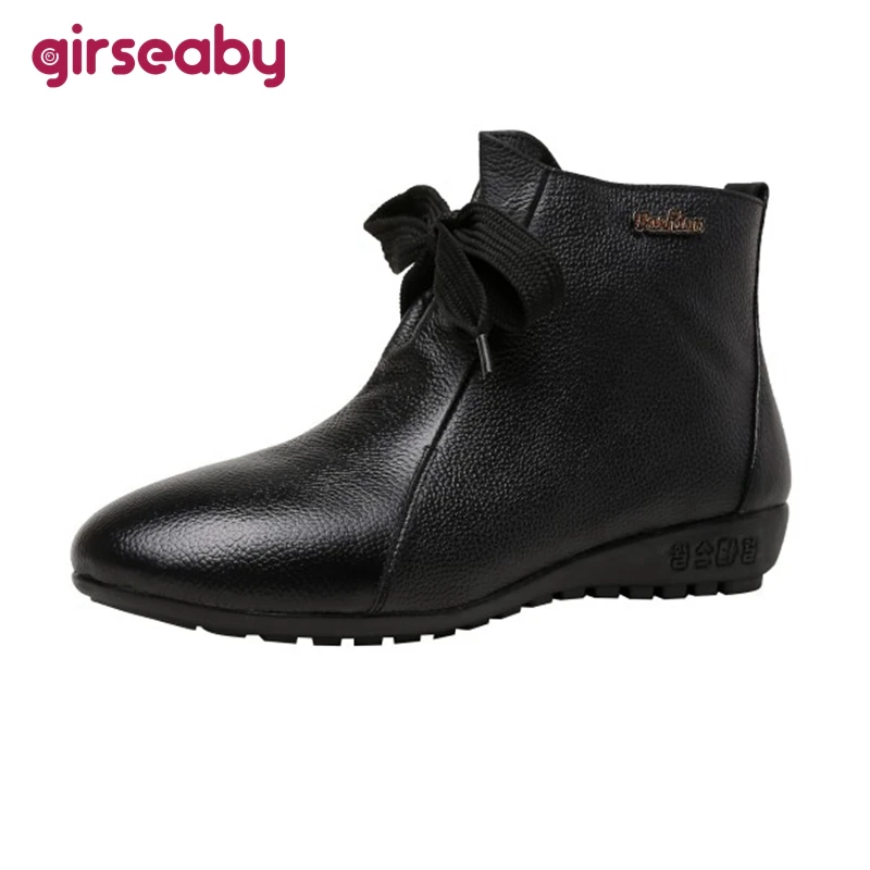 

Girseaby Women Boots Genuine leather Ankle Boots Wedges Crossed tied Fashion High quality Female Autumn winter Black Big size
