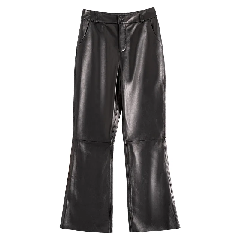 Leather Pants Women Autumn Winter Black Mid Rise Sheepskin Pants OL Genuine Leather Ankle Length Pants Simple Casual Pants