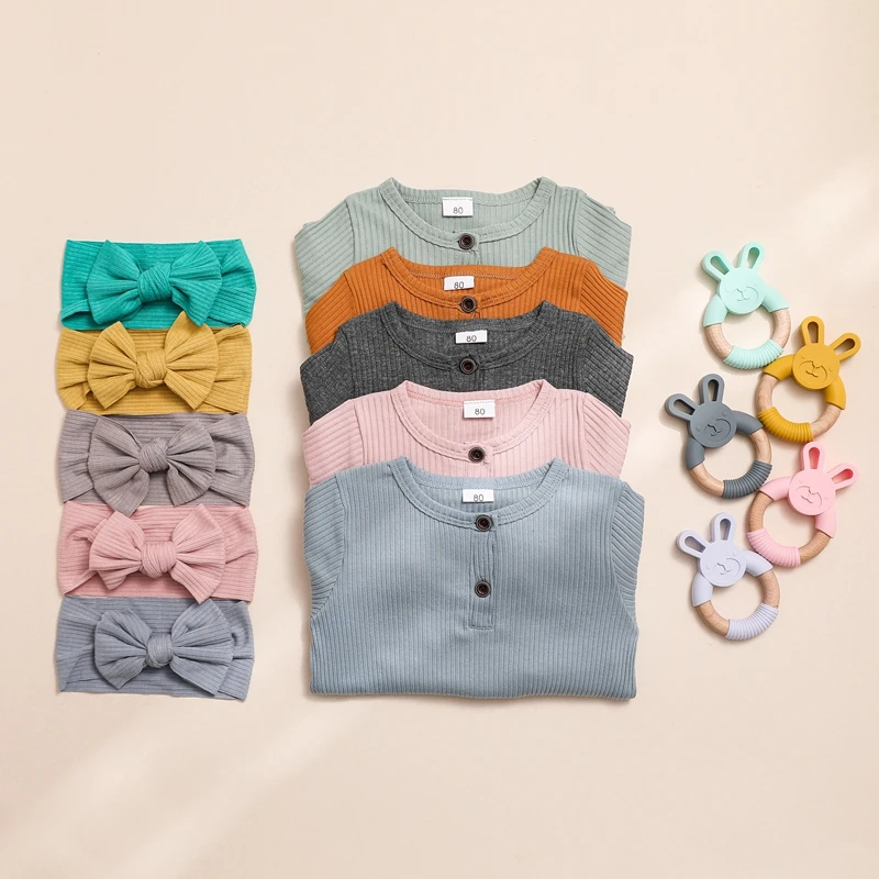 

Baby Onesies Pure Cotton Round Neck Jumpsuit Spring And Summer Long Sleeve Clothes Baby Hair Band Teether Pyjamsa Newborn Infant