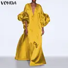 Женское атласное платье VONDA, однотонное Свободное платье с рукавами-фонариками, V-образным вырезом, пляжный сарафан большого размера, лето 2021