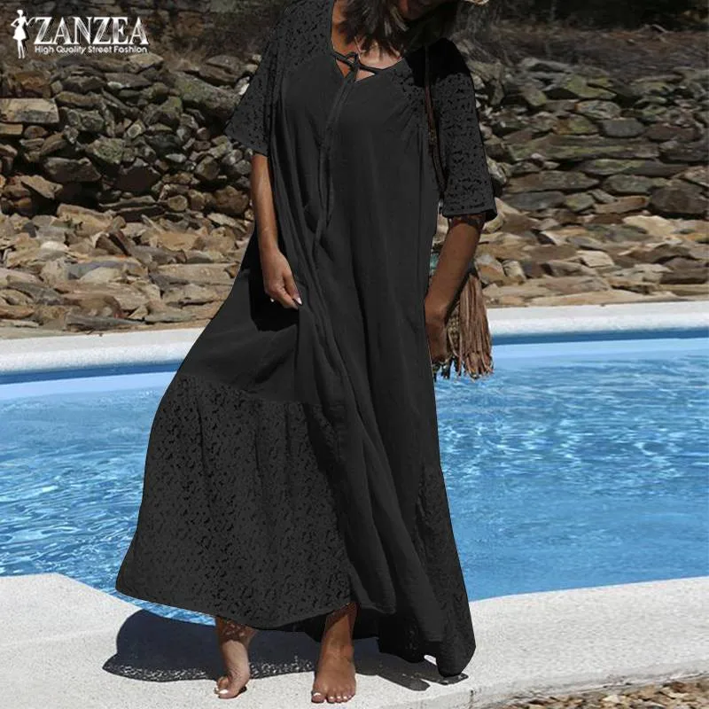 Черный Женский летний сарафан ZANZEA богемное модное кружевное платье Vestidos размера плюс с коротким рукавом Макси платье с v-образным вырезом 5XL - Цвет: Черный
