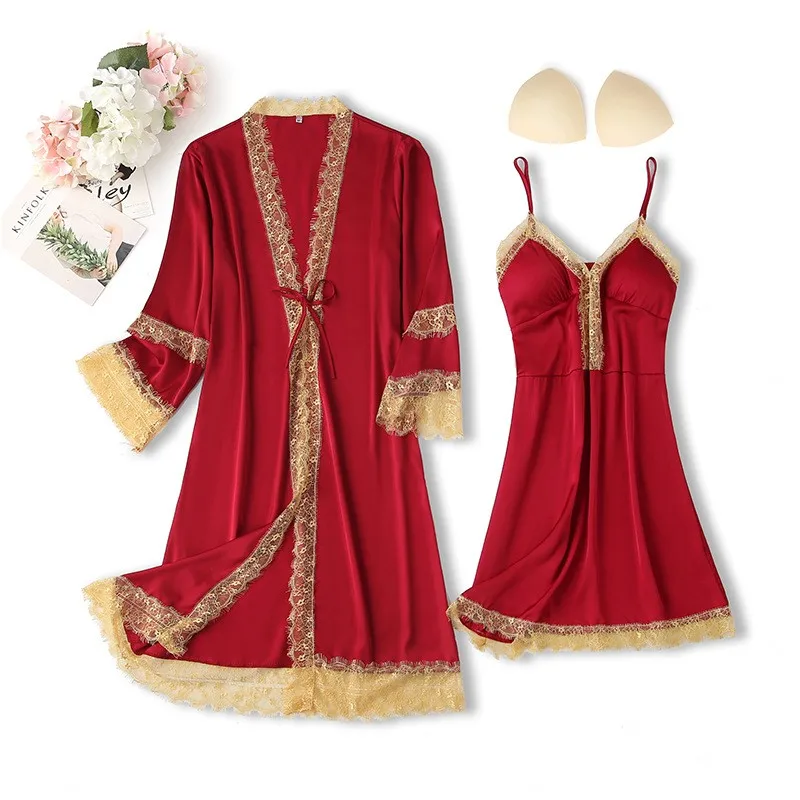 

Women 2 Piece Set Faux Silk Kimono Gown Bride Bridesmaid Wedding Robe Sexy Sleepwear Satin Bathrobe Lace Patchwork Nightwear