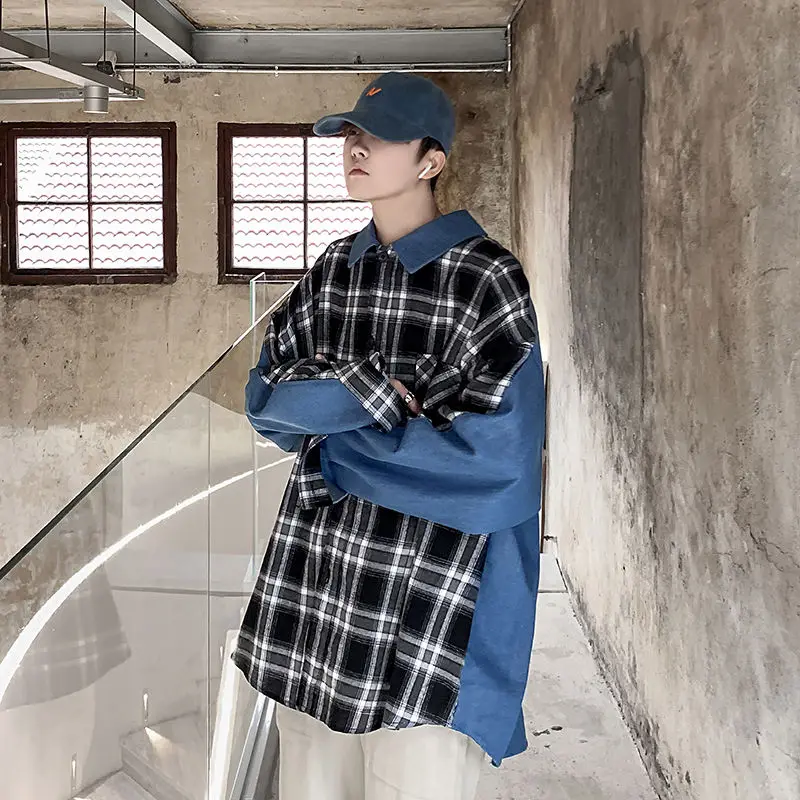 

Fashion Autumn Denim Oversize Lovers Men's Lattice Printing Hawaiian Shirt French Cuff Mens Long Sleeves Shirts Size S-2XL