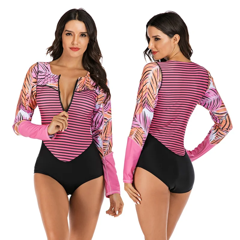 Women Rash Guard Adult One-Piece Long Sleeve Patchwork Zipper Quick Drying Swimsuit Hot Spring Diving Surfing Swimming SuitHot | Спорт и