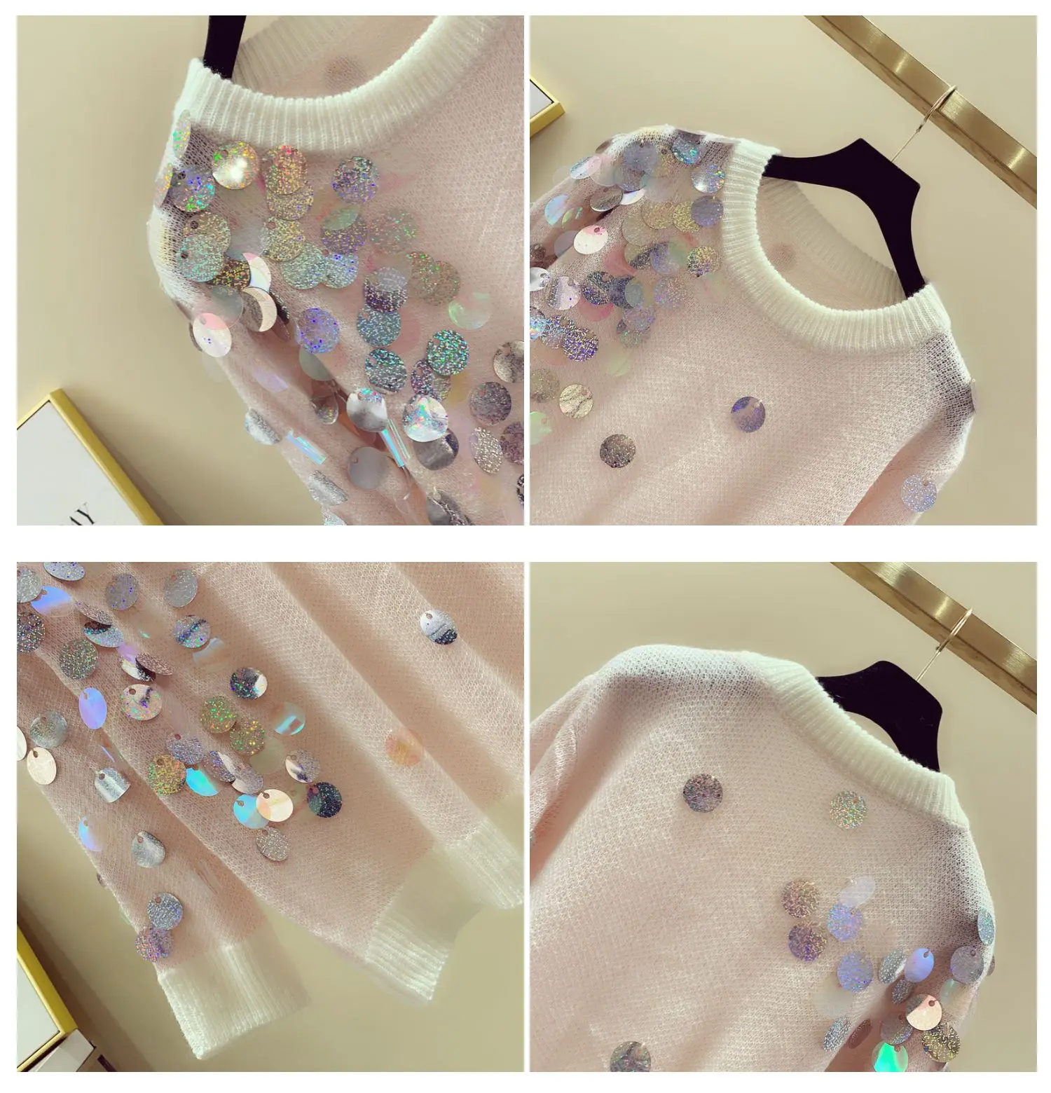 Пуловер женский вязаный с длинными рукавами и блестками осень 2019 | Женская одежда