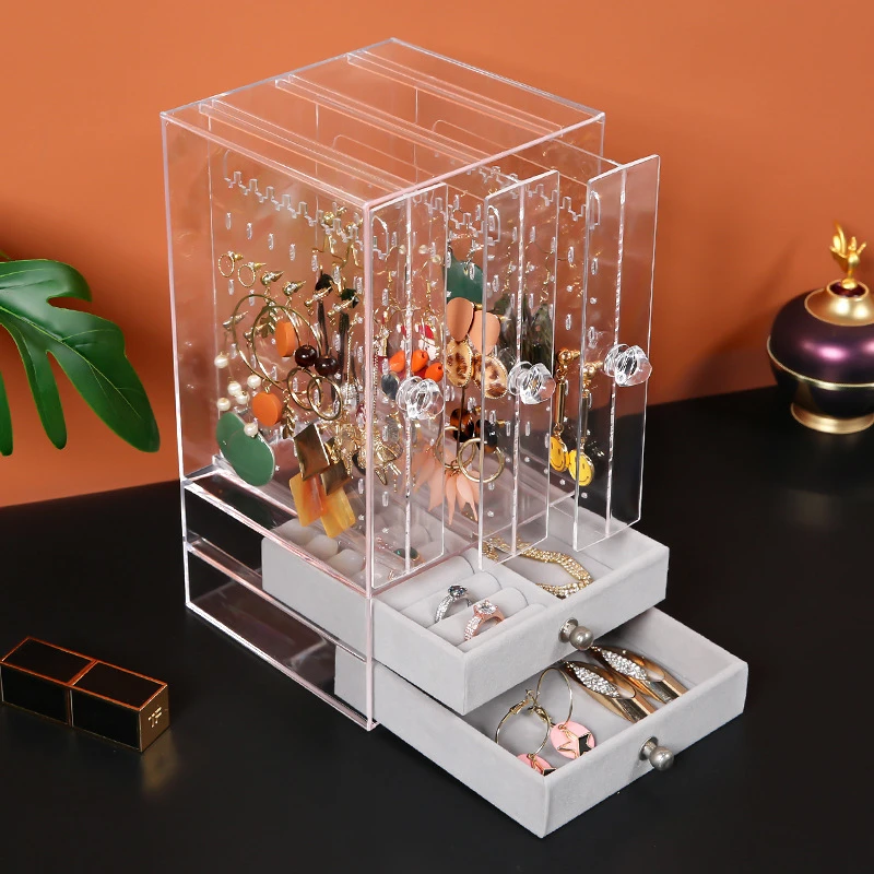 

Jewelry Earring Storage Drawer Tabletop Necklace Bracelet Ring Display Showcase Organizer Rack Dustproof Clear Jewelry Holder