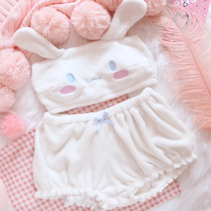 

hot sale Pink And White Kwaii Velvet Tube Top And Panties Set For Girls Adorable Underwear Anime Long Ear Doggy Bra and bloomers