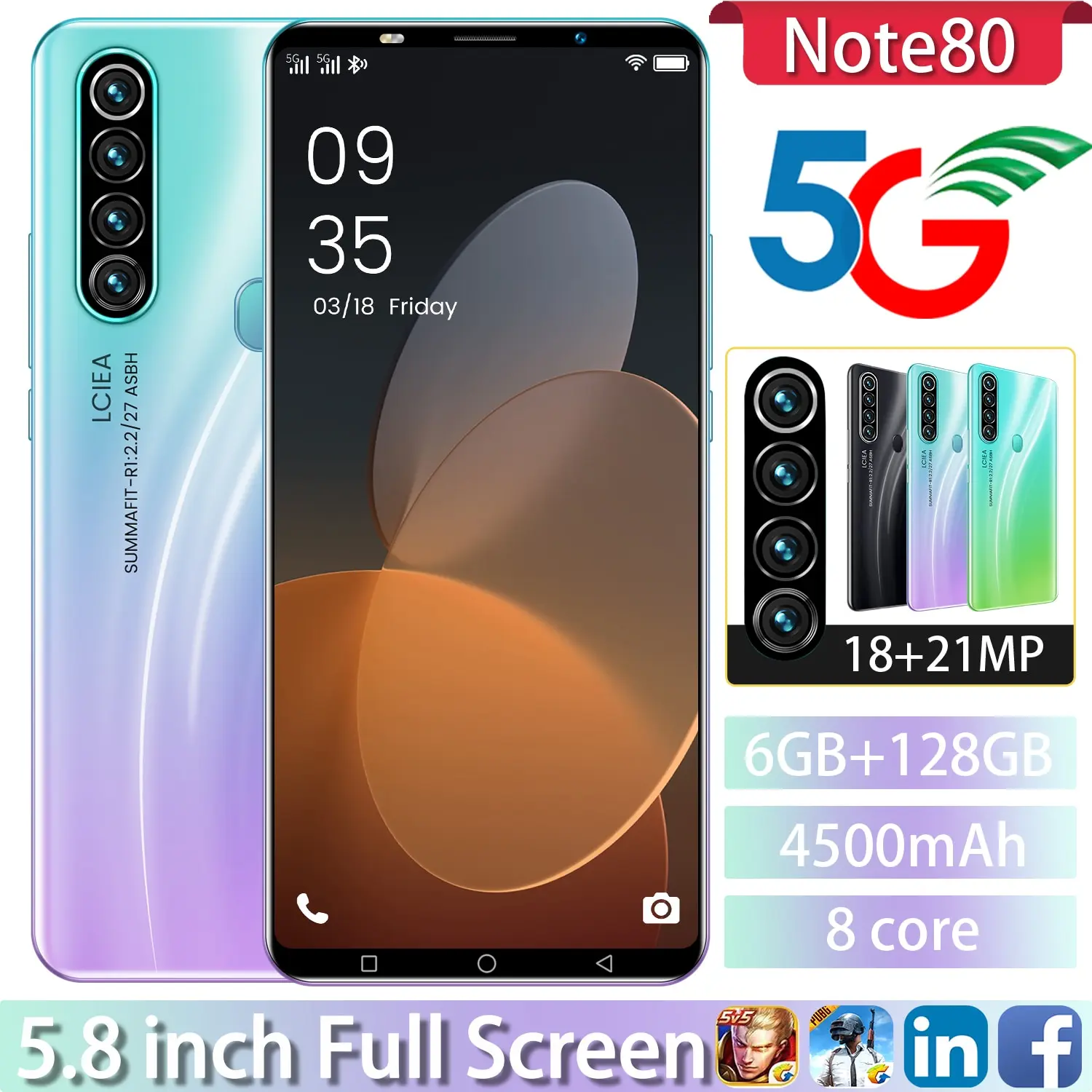 

Global Version Android Unlock Phone Note 80 5.8 Inch Smartphone 6+128GB 4500mAh Battery 18+21MP Camera Face ID 4G Network Phone