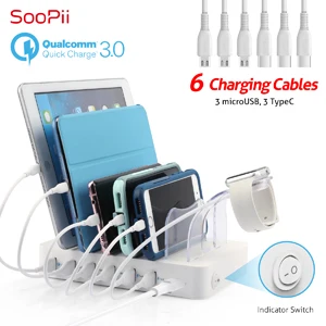 Soopii Quick Charge 3,0 60 W/12A 6-портовая зарядная станция usb для нескольких устройств, 6 кабелей в комплекте(2 IOS 2 Micro 2 type-C