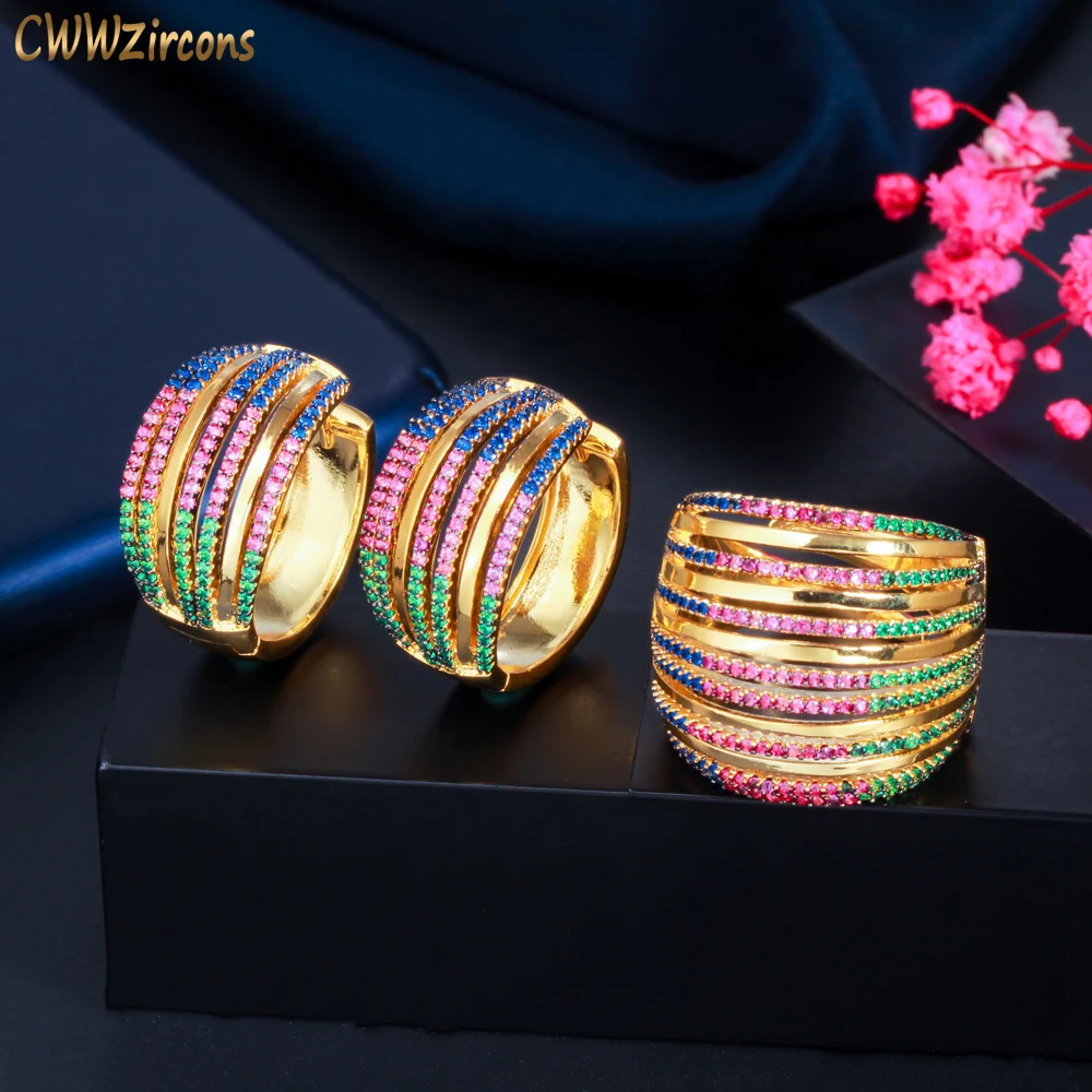 

CWWZircons Роскошный Золотой Цвет Зеленый Красный кубический цирконий несколько круглых серьги-кольца и набор колец для женщин вечерние ювелир...