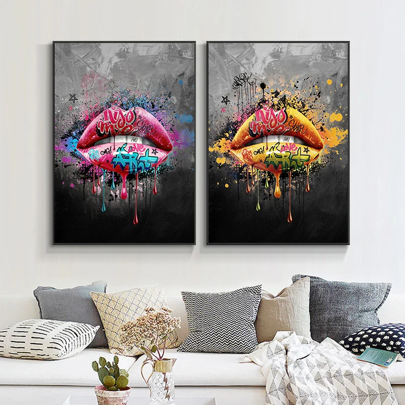 Поп-стрит граффити искусство девушка сексуальные губы Холст Живопись стены