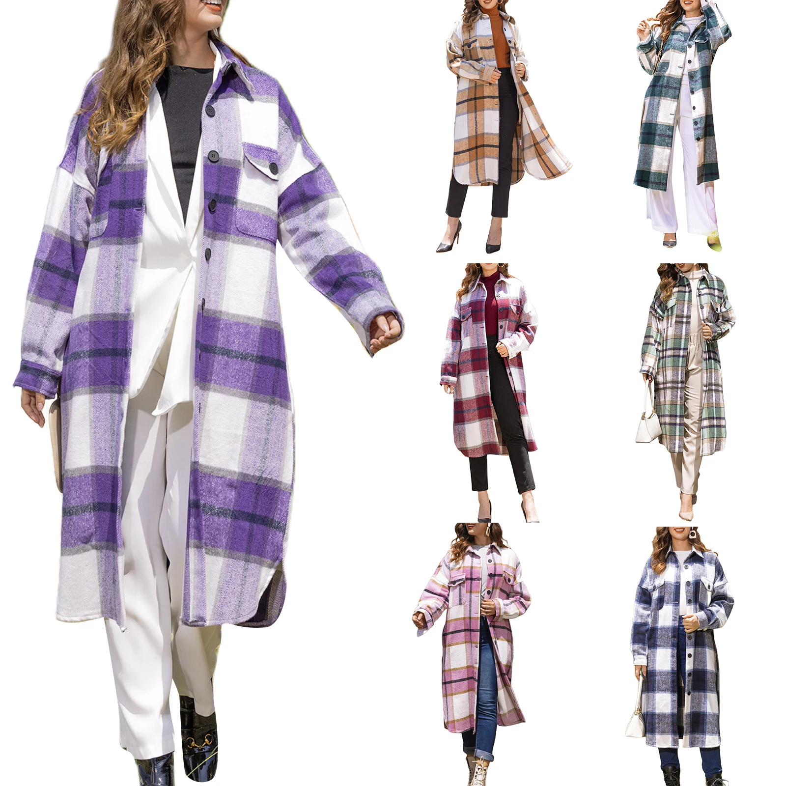 

Women Thermal Coat with Slit Design Plaid Printed Pattern Long Sleeve Button-down Overcoat Blends