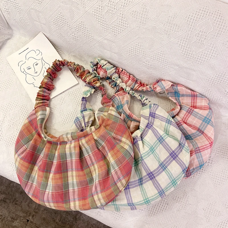 

Tote Bag for Women Shoulder Bag 2021 Girl Fashion Casual Japanese Style Color Plaid Frill Cotton Hobo Bag Shopper Design Handbag