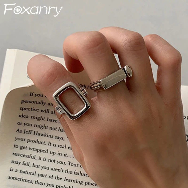 

FOXANRY 925 Sterling Silver Finger Rings New Trends Creative Hollow Geometric Vintage Punk Ring Party Jewelry Holiday Gifts