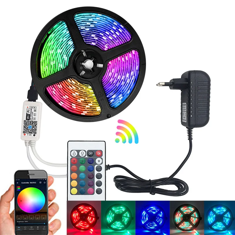 RGB Светодиодная лента светильник SMD 2835 5 м Водонепроницаемая RGB лента 12В лента Диодная Светодиодная лента s светильник Гибкая полоса лампа ИК wifi контроллер