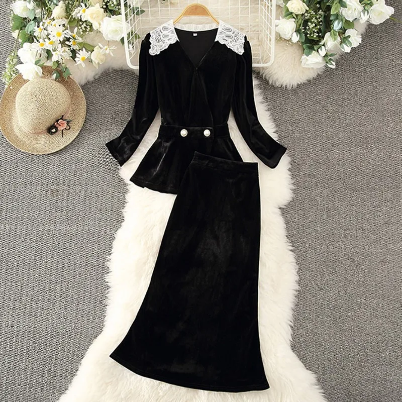 

Runway Fall Winter Korean High Quality Women's Long Sleeve Elegant Velvet Top + High Waist Slim Skirt Suit Two Pieces Set
