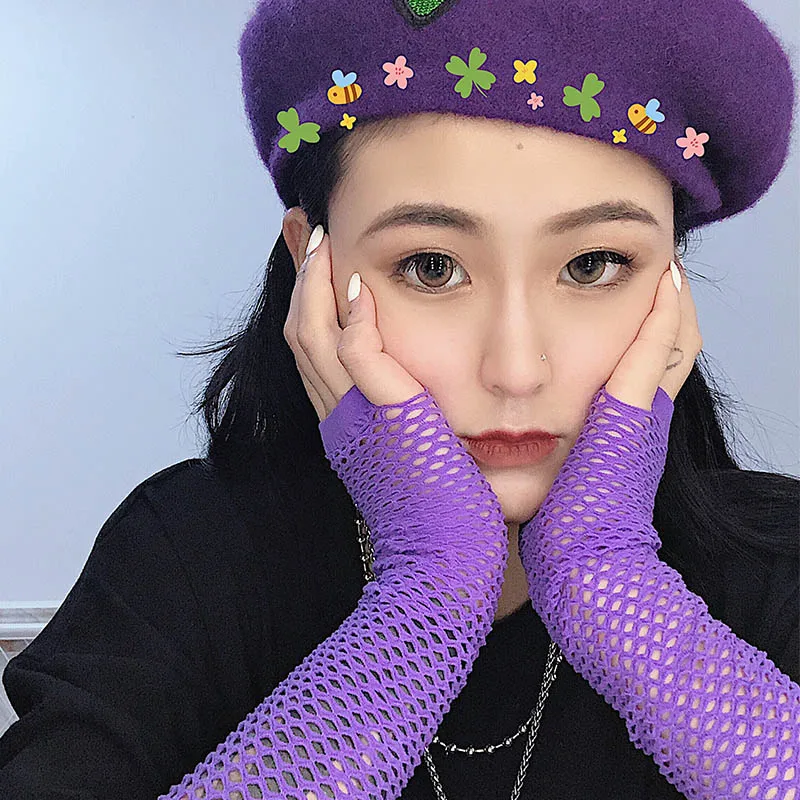 purple Черные и фиолетовые перчатки без пальцев в стиле Лолиты, женские перчатки с манжетами, Ретро стиль, для улицы, длина до локтя, варежки,, крутые, теплые, в стиле панк, готика - Цвет: purple