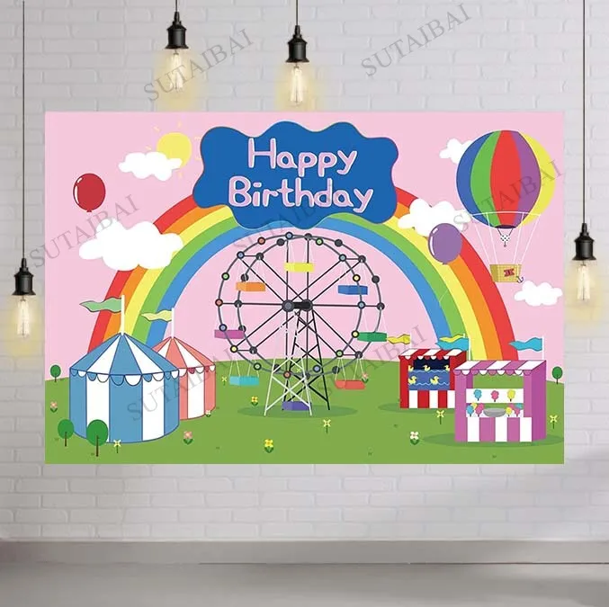 

Happy Birthday Themed Party Backdrop for Baby Kids Girls Pink Circus Carnival Photography Background 1st 2rd Bday Banner