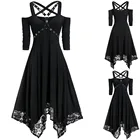 Женское платье на Хэллоуин, готическое черное платье с открытыми плечами, кружевное платье с коротким рукавом и высокой талией, женское вечернее платье в готическом стиле, #40
