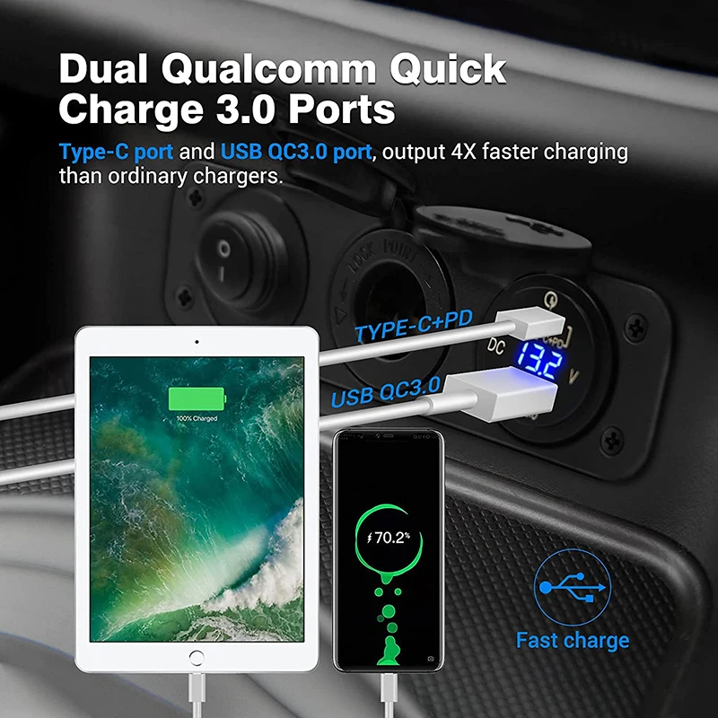 Cigarette Lighter Socket 12V Splitter with Rocker Toggle Switch PD&ampQC3.0 USB C Outlet LED Voltmeter Waterproof for Car Boat | Автомобили