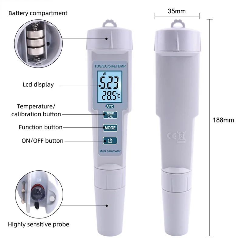 Test Pen Water Quality Detector PH-686 Four-in-one PH/EC/TDS/ Temperature Measuring Tool PH Hardness Conductivity YZ | Инструменты
