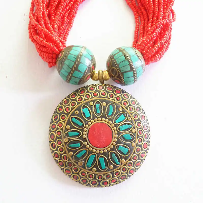 Непальская винтажная большая латунная подвеска ожерелье с красной многослойной