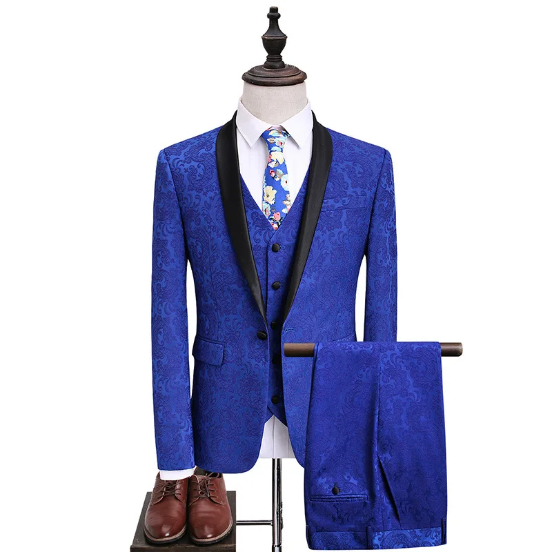 

New Tuxedo Luxury Wedding Groom Vest Male Suit Jacquard 3Pieces Banquet Party Men Costume Slim Fit Royalblue Dress England Style