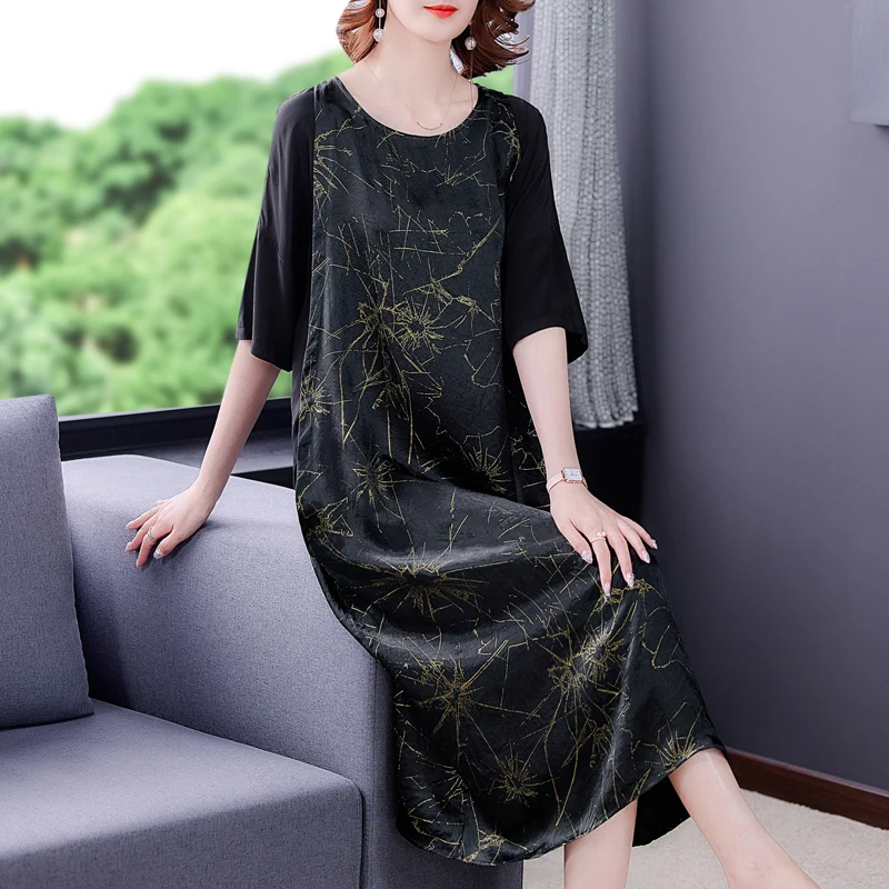 

COIGARSAM Women Long Dress Summer 2021 New Office Lady Print O-Neck Black Dresses Traf Vestidos Robe