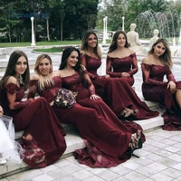burgundy lace mermaid bridesmaid dresses with sleeves off the shoulder strapless wedding guest dresses for women 2021