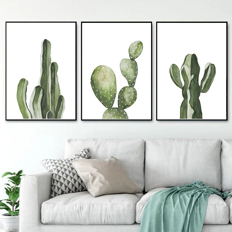 Акварельные суккуленты зеленые растения холст художественный печатный плакат