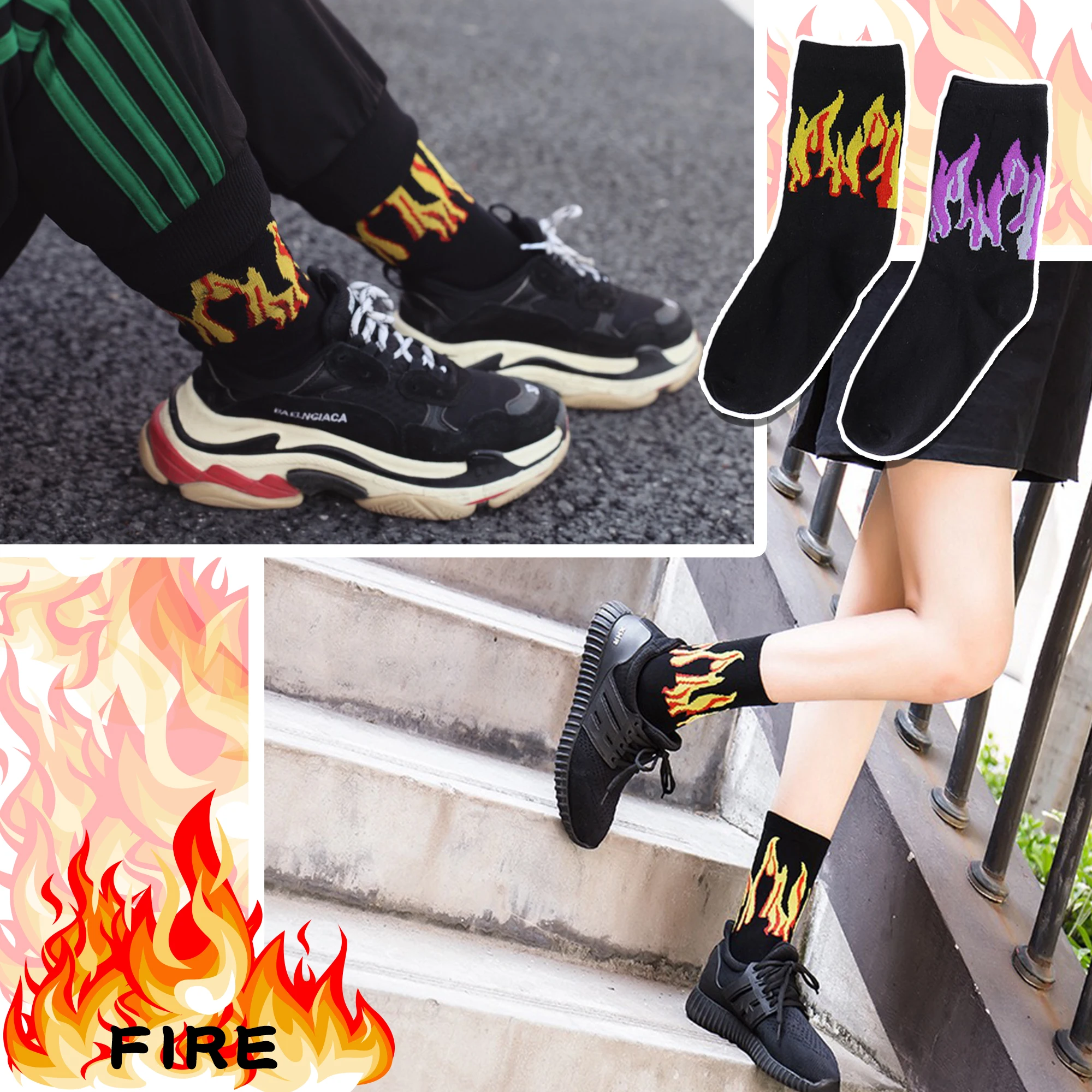 

1 pair Men Women Fashion Flame Pattern Hip Hop Funny Socks Red Flame Blaze Power Torch Hot Warmth Street Skateboard Cotton Socks