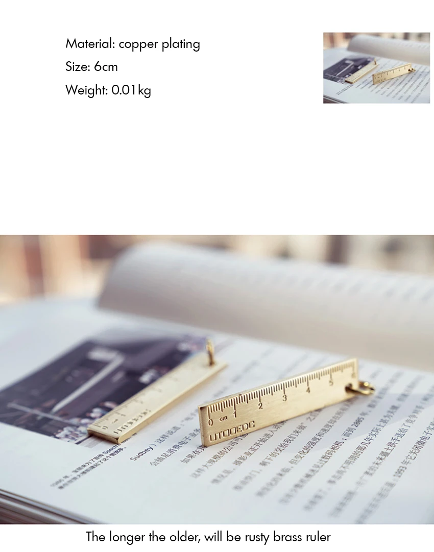 1PC Mini 6CM Ruler Brass Straight Ruler Retro Math Measuring Drawing Tool Keychain Hanging Ruler Office School Supplies
