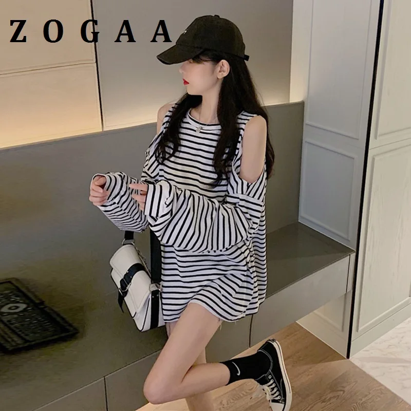 

Long-Sleeved T-Shirt Women 2021 New Spring And Autumn Women's Casual Loose Striped Strapless Retro Harajuku Top T-Shirt