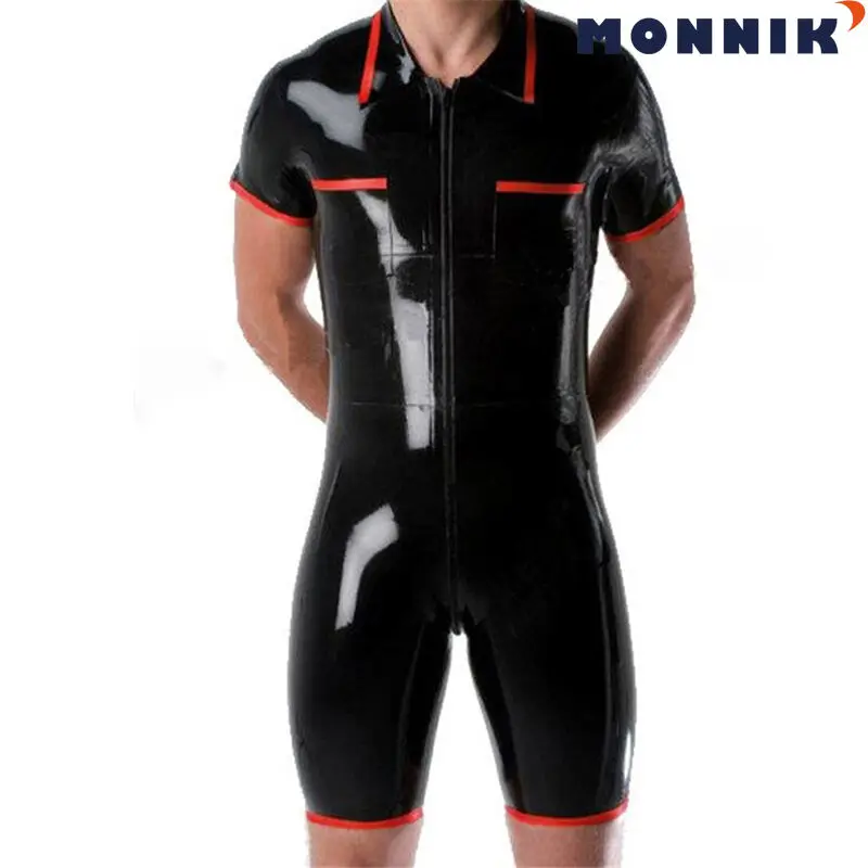 MONNIK latexBlack латексные мужские боди с коротким рукавом короткие штаны Клубная
