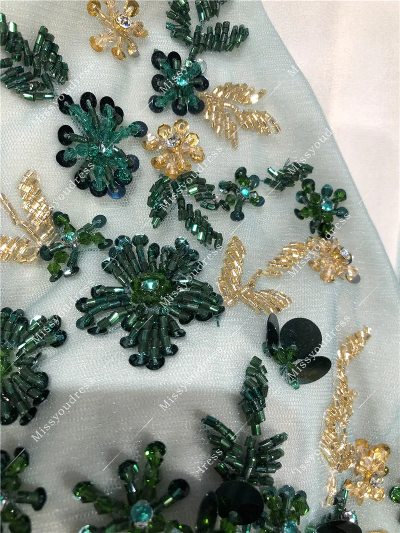 Green and Gold Color Heavy Beads Real Photos A-line V-neck Sleeveless Floor Length Party Prom Dancing Women Evening Dresses Gown