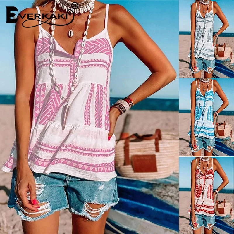 

Everkaki Boho Print Chiffon Camis Tops Women Summer Beach Loose Plus Size Vintage Ladies Casual Top Camis T-shirts Female 2021