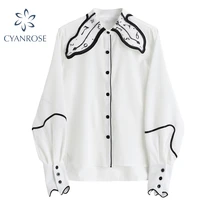 embroidery collar vintage long sleeve blouse women white spring cardigan button elegant single breasted office lady shirt blusas