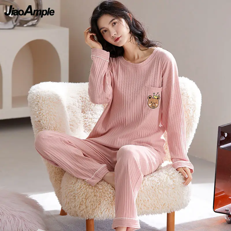 

Women's Cotton Pajamas Spring Autumn New O-Neck Long-sleeved Trousers Sleepwea Set Korean Loose Plus Size Nightwear Homewear