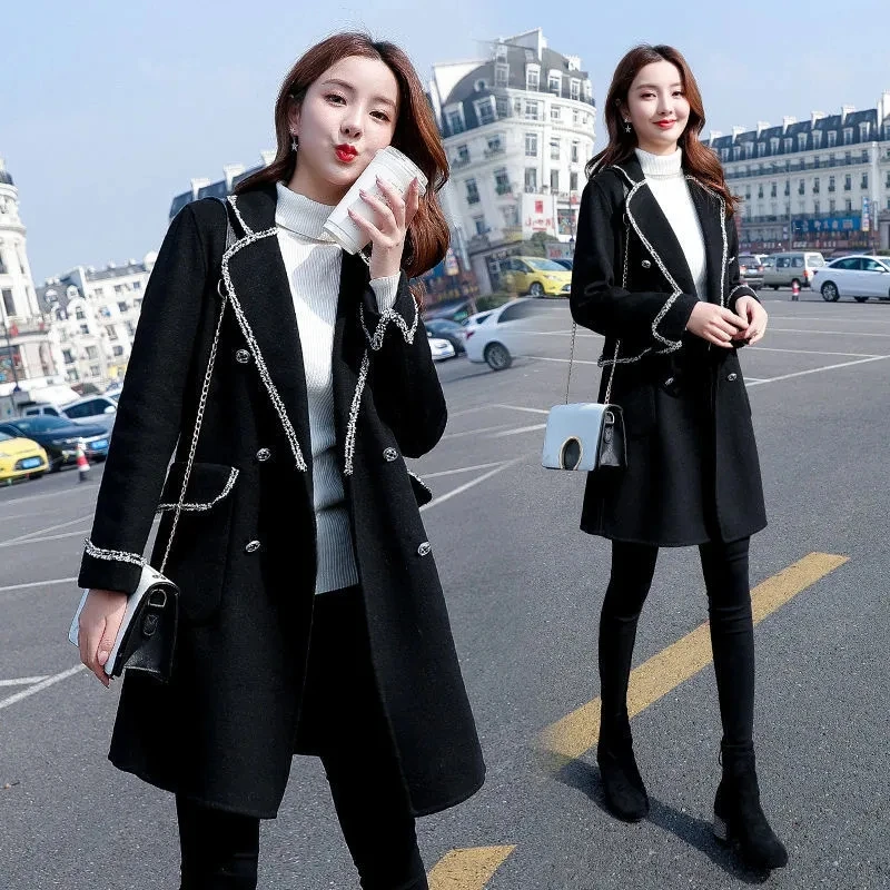 

Hepburn Style Thick Woolen Jacket Women Mid-Length 2023Autumn Winter New Outwear Black Windbreaker Suit Collar Coat Female L536