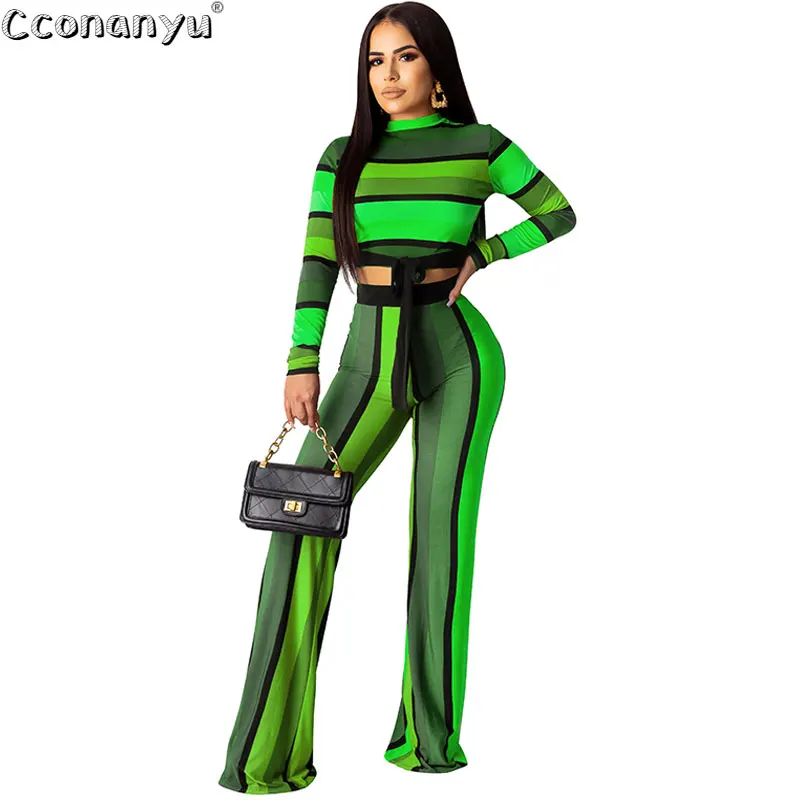 Элегантный полосатый комплект из двух предметов повседневный топ с длинными