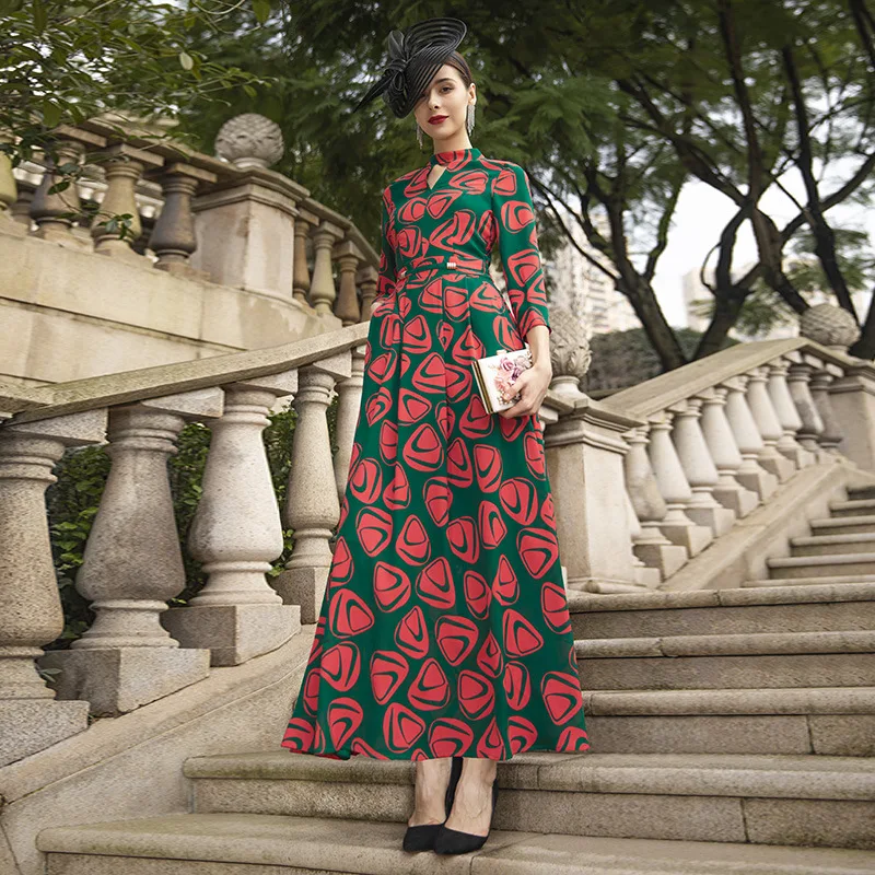 Женское длинное платье до щиколотки элегантное модельное с рукавом 2020 и принтом