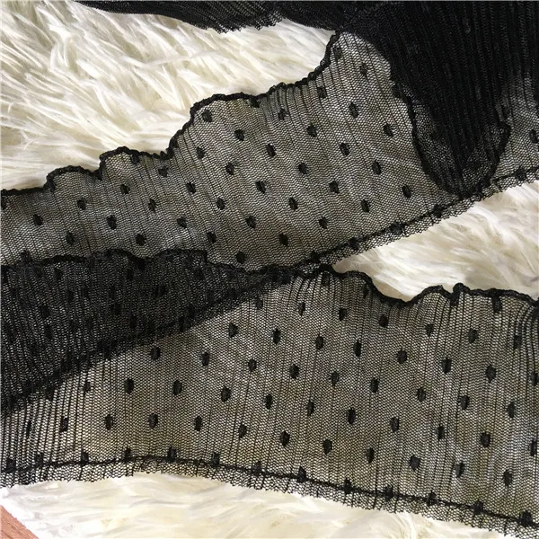 1 ярд эластичная плиссированная гипюровая кружевная лента в горошек Черная ткань