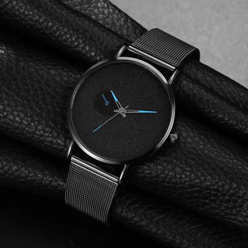 2019 Мужские кварцевые часы с черным сетчатым ремешком аналоговые наручные из